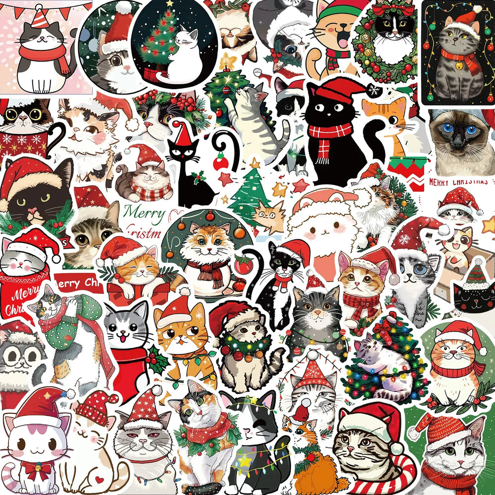 50pcs Cute Christmas Cat Graffiti Stickers Aesthetic DIY Luggage Bike Phone New Year Gift Decoration Sticker Toy (ONLINE ORDER ONLY)