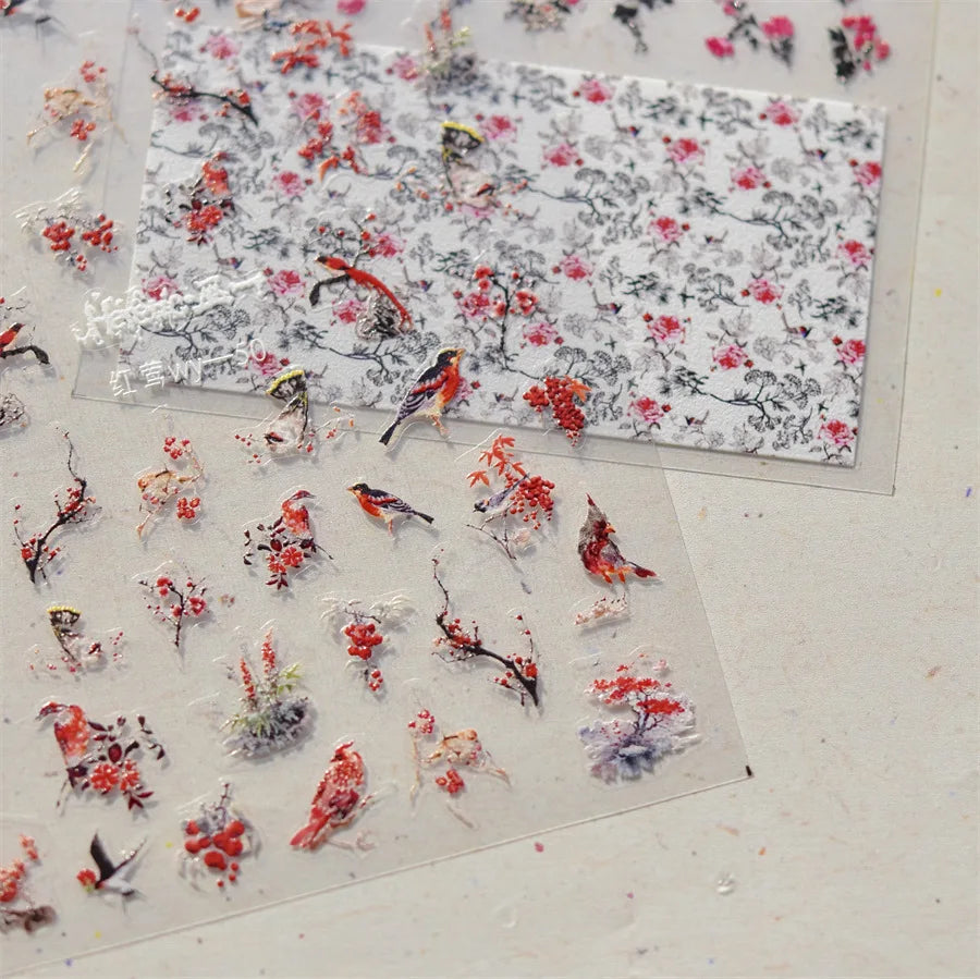 Red Azalea Rose Peony Crane Warbler Bird Fish Lily Chicken Rabbit Lobster Flower Retro Chinese Nail Art Sticker Decoration Decal (Online Order Only)