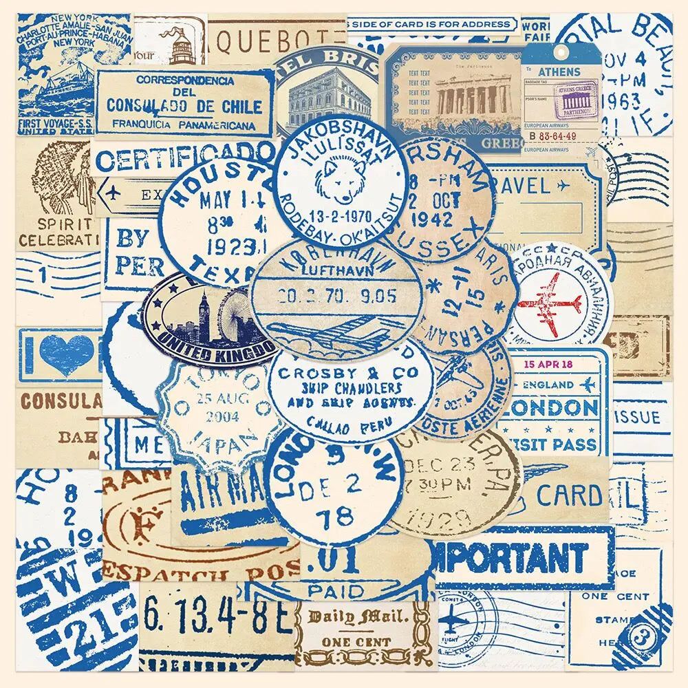 10/50pcs Vintage Postmark Travel Stickers Retro Letterhead Stamp Seal Decals DIY Suitcase Luggage Trolley Case Graffiti Sticker (Online Order Only)