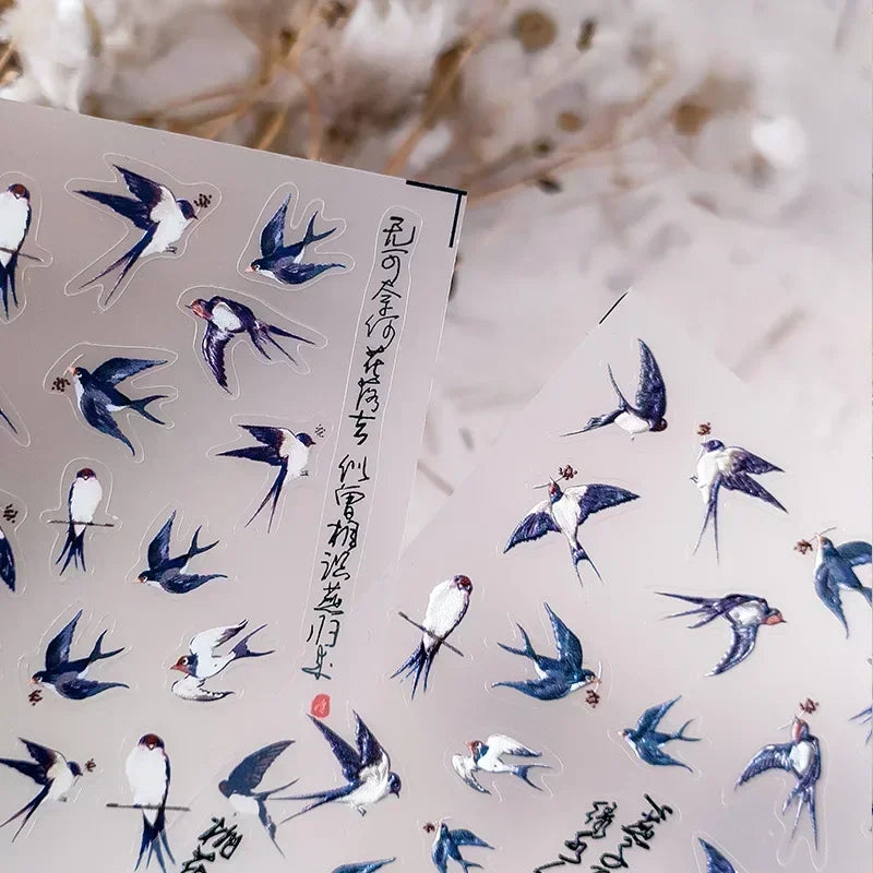 Swallow Bird Insect Animal Phoenix Peacock Dove 3D Self Adhesive Nail Art Stickers Chinese Ancient Poetry Manicure 5D DIY Decals (ONLINE ORDER ONLY)