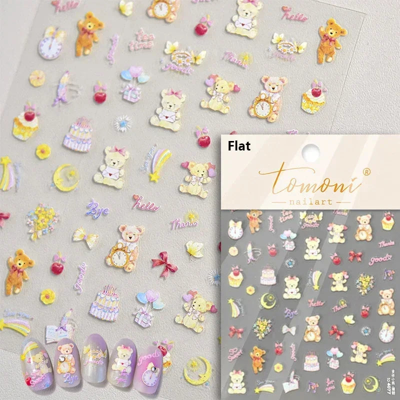 Charming Cherry's Cake Cute Bowknot Pink Blue Bear Flower Bouquet Strawberry Adhesive Nail Art Sticker Rhinestone Manicure Decal (Online Order Only)