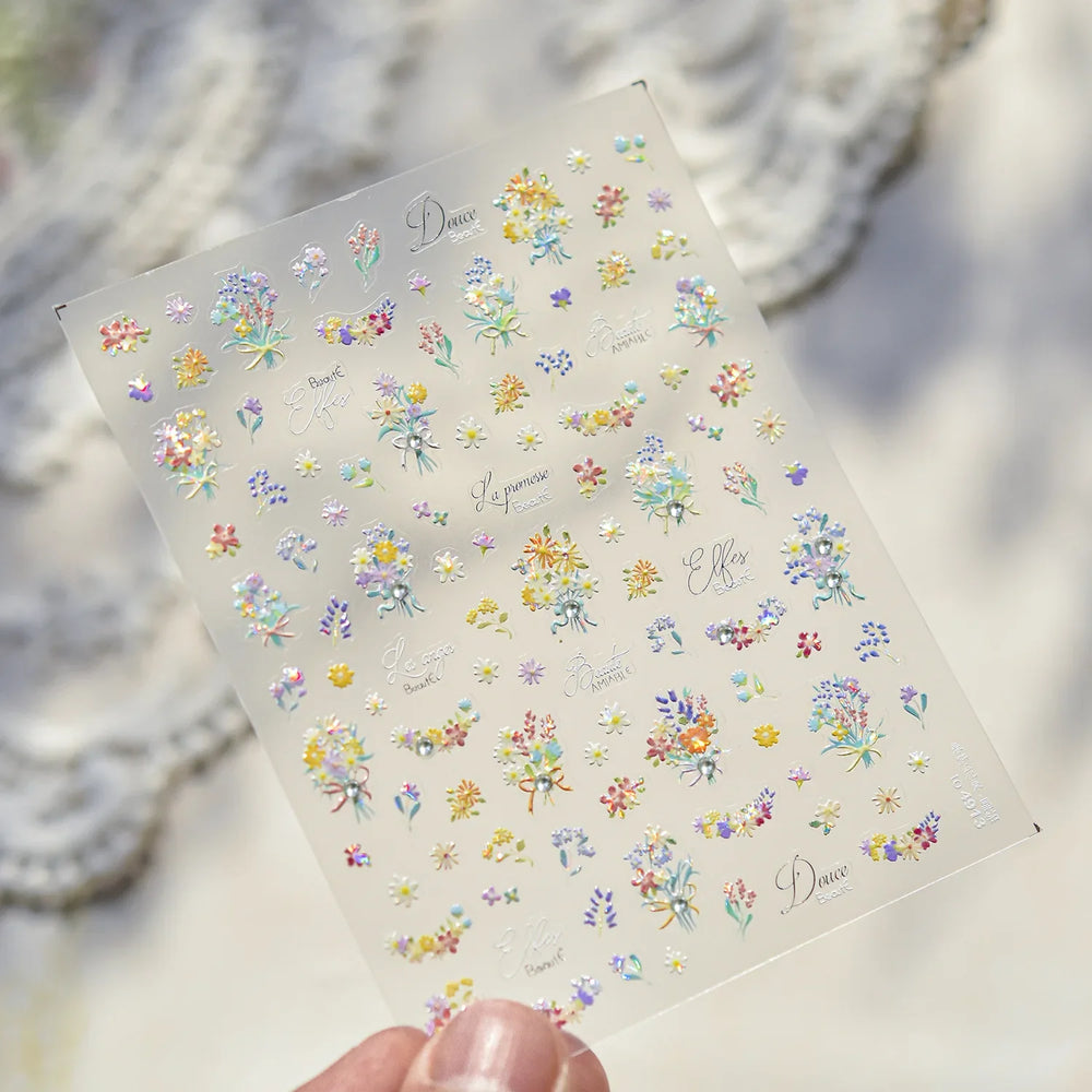 Cute Spring Flowers Purple Blue White Bowknot Rose Garden Daisy 5D Soft Embossed Relief Adhesive Nail Art Sticker Manicure Decal (ONLINE ORDER ONLY)
