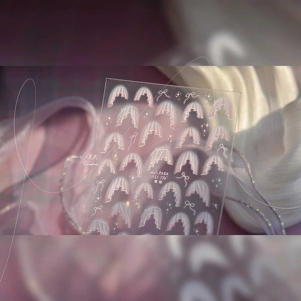 French Skirt Hem Halo Dyeing Purple Pink White Hemline Bowknot Wedding Veil Dreamy Star Adhesive Nail Art Sticker Manicure Decal (ONLINE ORDER ONLY)