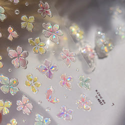 Gradient Coloredful Flower Petal Green Leaf Dreamy Shiny Chinese Rose Fantasy Relief Adhesive Nail Art Stickers Manicure Decals (Online Order Only)