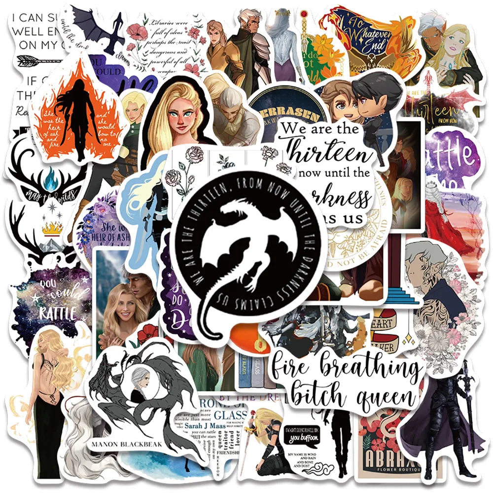 50pcs Aesthetic Retro Cartoon Throne Of Glass Novel Stickers Water Bottle Sticker Luggage Laptop Guitar Waterproof Vinyl Decals (ONLINE ORDER ONLY)