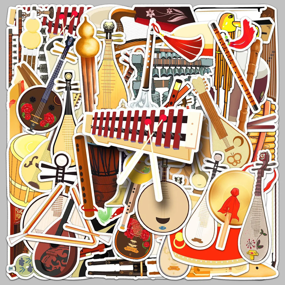 50pcs Chinese Musical Instrument Graffiti Stickers for Helmet, Wall, DIY Decoration (Online Order Only)