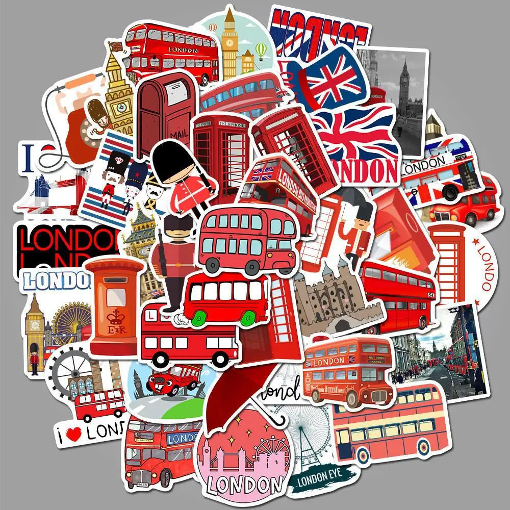 Cartoon London Bus Telephone Booth Stickers for Laptop Luggage Car Fridge Snowboard DIY Vinyl (Online Order Only)