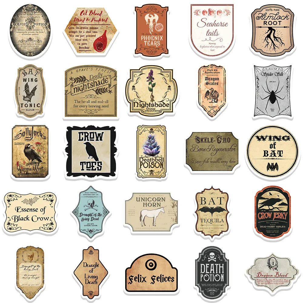 10/30/50pcs Funny Vintage Potion Label Graffiti Stickers Poster Skateboard Laptop Motorcycle Car Phone Waterproof Sticker Toy (ONLINE ORDER ONLY)