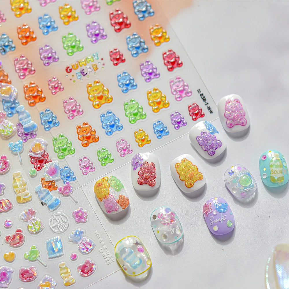 Colourful Jelly Rabbit Bunny Gummy Bear Cute Lollipop Soda Water Candy Snack Pudding Star Heart Nail Art Stickers Manicure Decal (ONLINE ORDER ONLY)