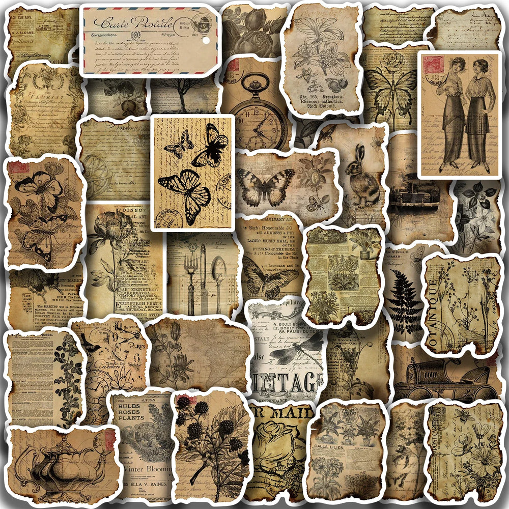 50PCS Vintage Manuscript Stickers For Hand Account Laptop Suitcase Phone Case DIY Cartoon Stickers Retro Style Graffiti Decals (ONLINE ORDER ONLY)