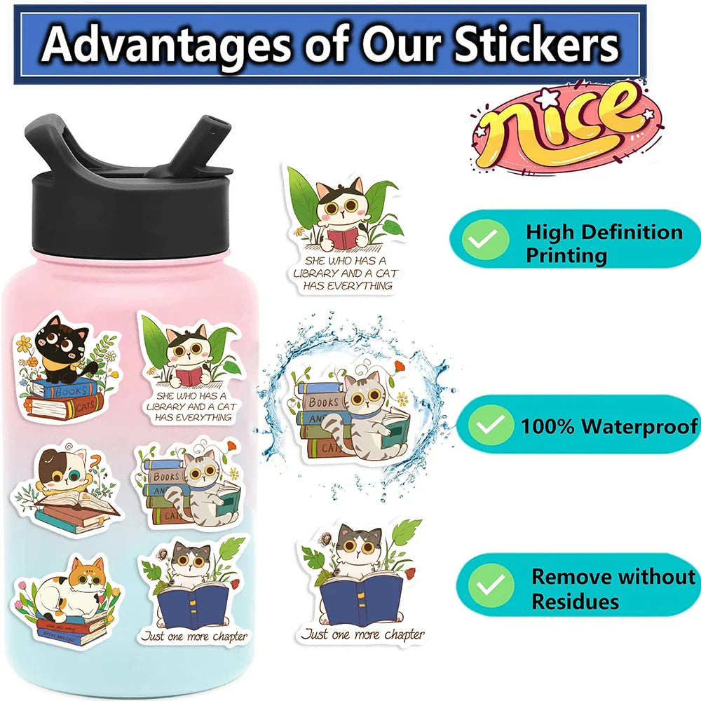 60Pcs Cat and Book with Motivational Phrase Sticker Pack DIY Scrapbook Decorative Stickers For Water Bottle Car Cup Computer (Online Order Only)