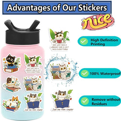 60Pcs Cat and Book with Motivational Phrase Sticker Pack DIY Scrapbook Decorative Stickers For Water Bottle Car Cup Computer (Online Order Only)