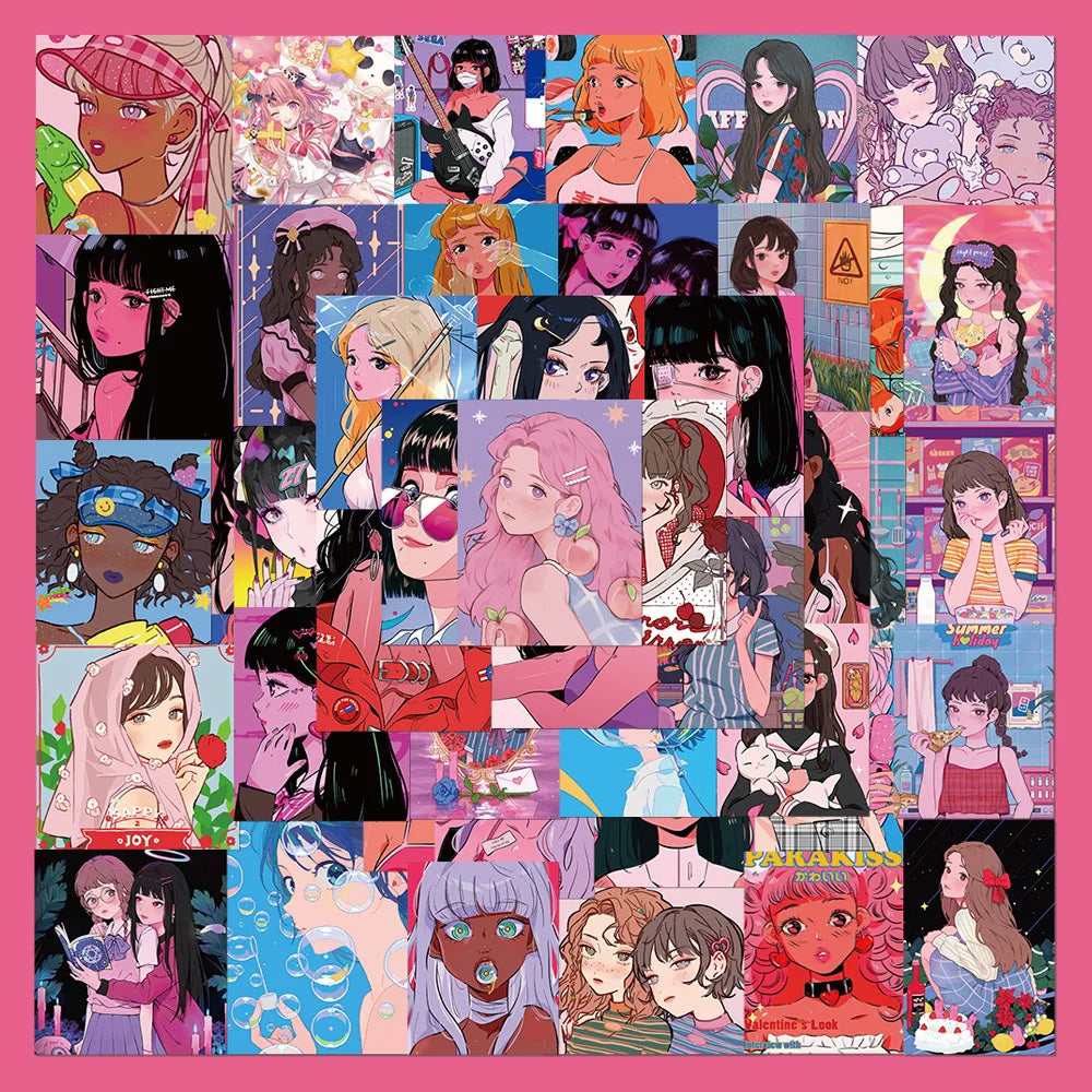 50pcs Cute Girl Graffiti Stickers for Helmet, Desktop, Wall Decoration (Online Order Only)