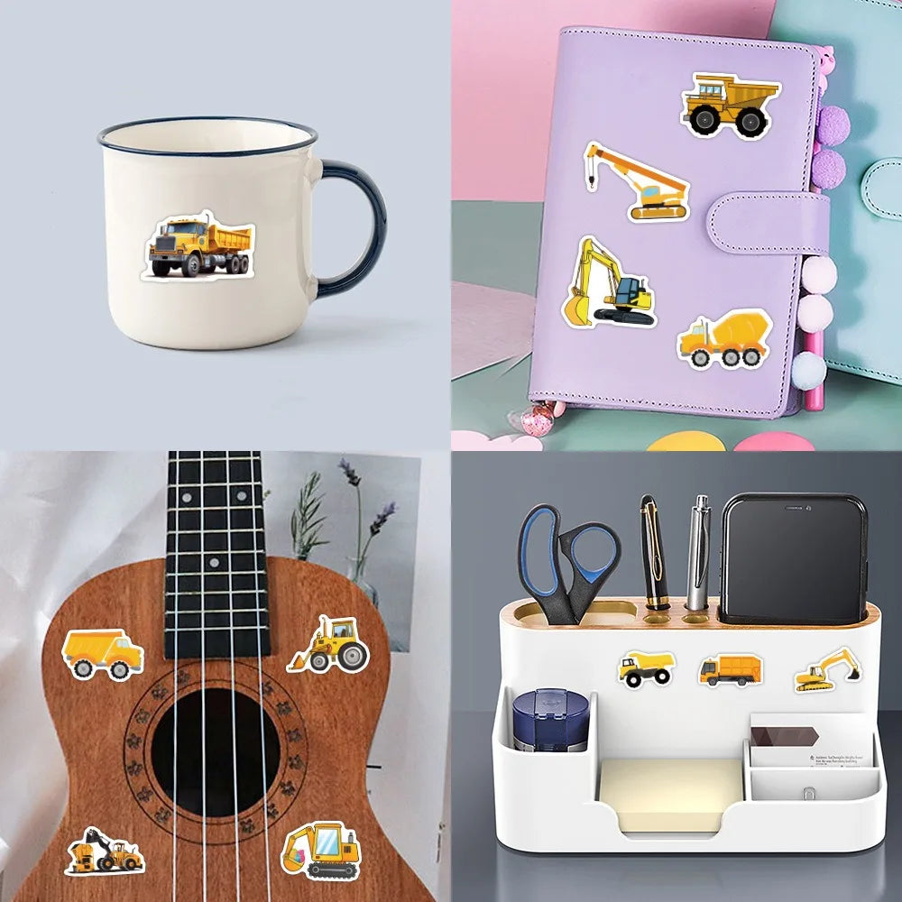 10/55Pcs Cartoon Large Mechanical Vehicle Excavator Construction Truck Waterproof Creative Tractor Bulldozer Graffiti Toy Decals (ONLINE ORDER ONLY)