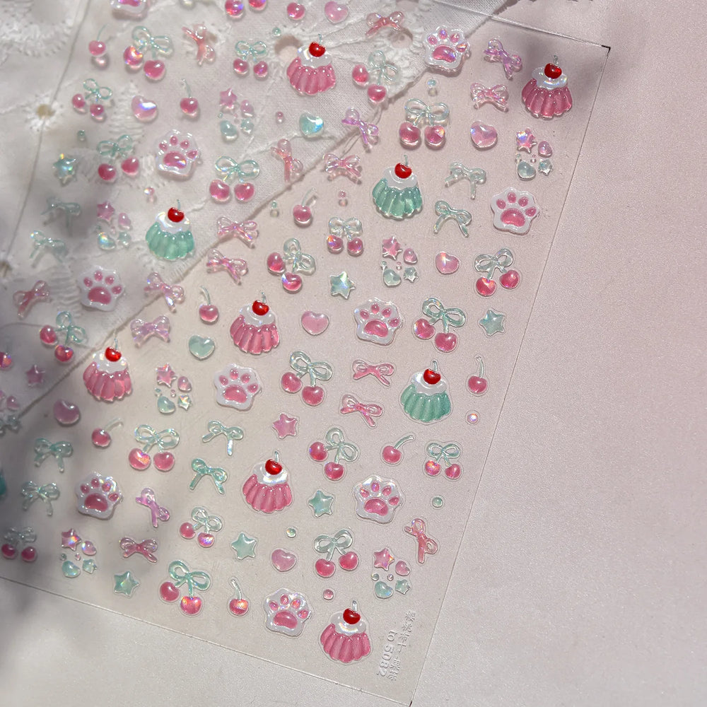 Lovely Green Pink Cherry Pudding Claw Paw Love Heart Bowknot Soft Embossed Reliefs Adhesive Nail Art Stickers Manicure Decals (ONLINE ORDER ONLY)
