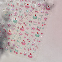 Lovely Green Pink Cherry Pudding Claw Paw Love Heart Bowknot Soft Embossed Reliefs Adhesive Nail Art Stickers Manicure Decals (ONLINE ORDER ONLY)