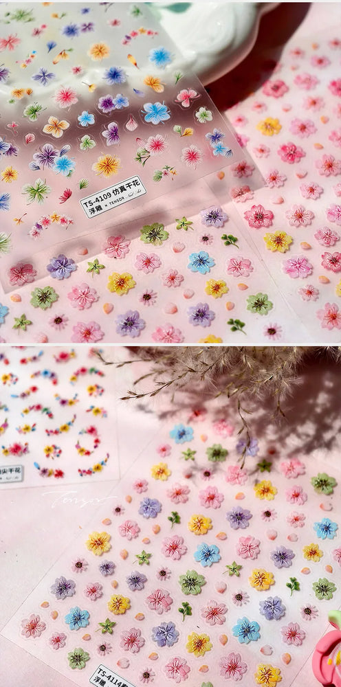 Colorful Dried Flowers Wreath Floral Plant Petal Bud Garden Charming 5D Reliefs Self Adhesive Nail Art Stickers Manicure Decals (Online Order Only)