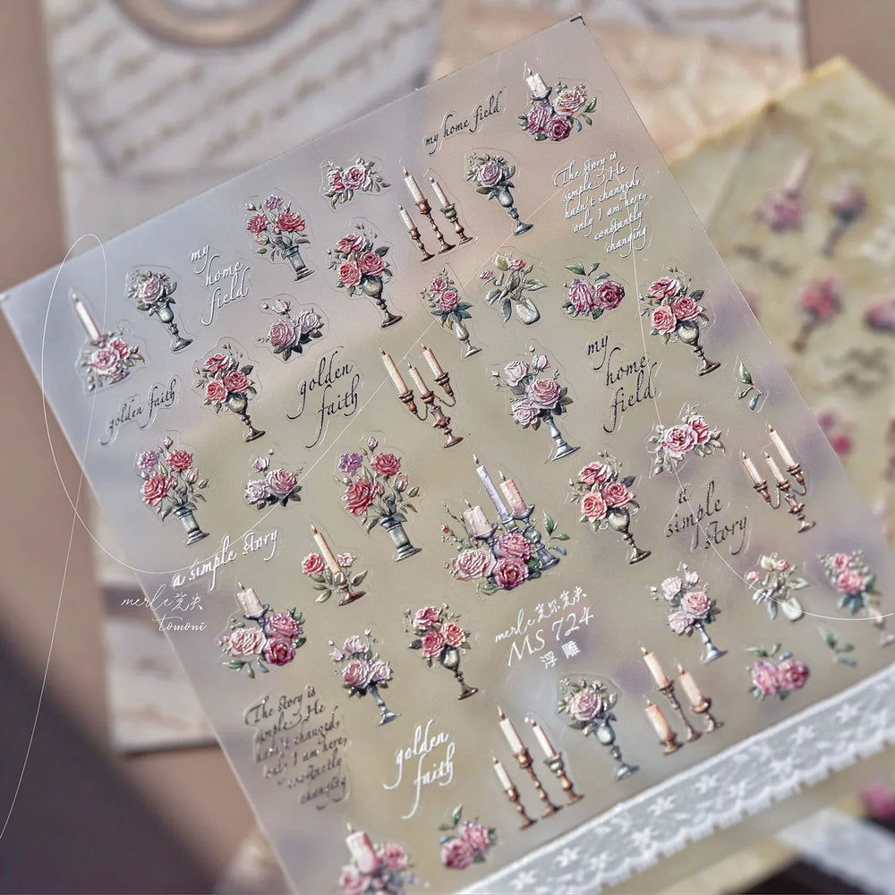 Romantic Candle Holder Lace Rambler Rose Pink Flower Bowknot Candlestick Ribbon Adhesive Nail Art Stickers Shiny Manicure Decals (ONLINE ORDER ONLY)
