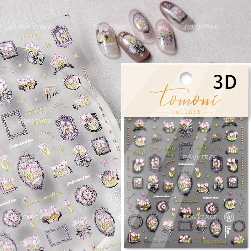 Golden Border Tulip Bloom Flower Bowknot Geometric Frame Metal Workmanship Charming Adhesive Nail Art Sticker Manicure Decals (ONLINE ORDER ONLY)