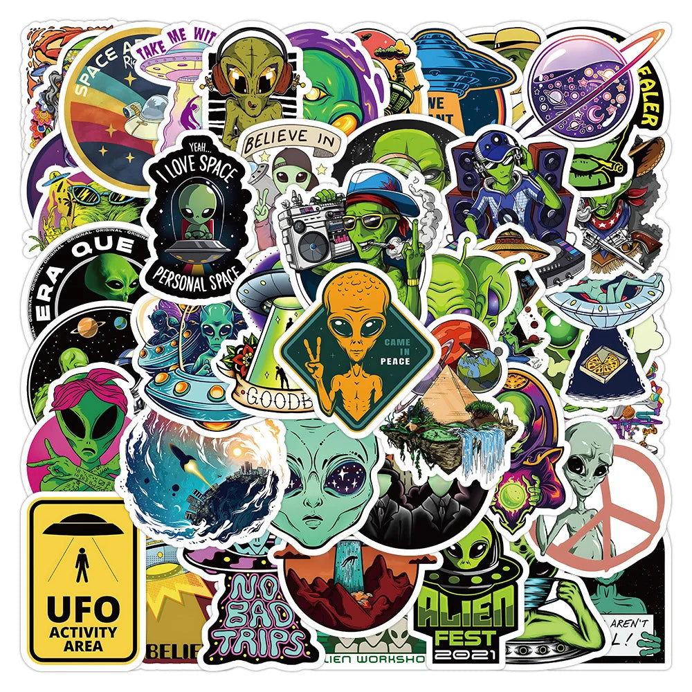 UFO Alien Graffiti Stickers: 10/30/50pcs Waterproof for Luggage, Phone, Laptop, Helmet, Kids Toys (Online Order Only)