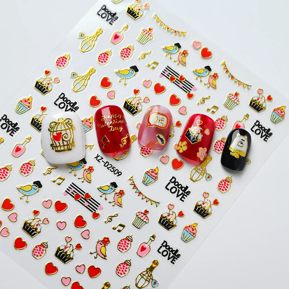 12Pcs 3D Golden Red Glitter Heart Love Nail Sticker Valentine Self Adhesive Cartoon Decal Geometry Lines Stripe Slider Manicure* (ONLINE ORDER ONLY)