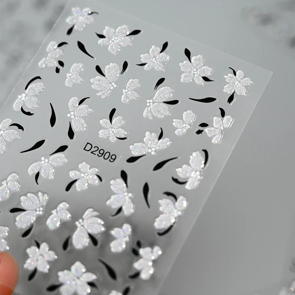 10pcs/Set Sparkling Silvery Floral Nail Art Stickers Self-Adhesive Glittery 5D Hibiscus & Cherry Blossom Decals for Manicure DIY (Online Order Only)