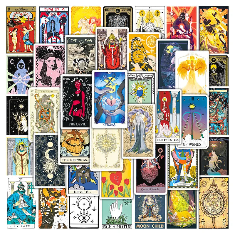 50pcs Retro Tarot Stickers for Laptop, Phone, Car, Scooter, Water Bottle, Suitcase, Stationery, Refrigerator (Online Order Only)