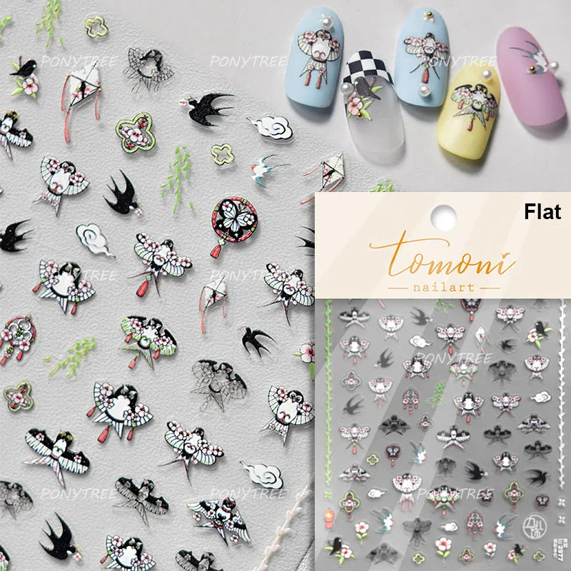 Painting Sketch Tulip Daisy Willows Scenery Daisy Colorful Flowers Sun Star Butterfly Wicker 3D Nail Art Stickers Manicure Decal (ONLINE ORDER ONLY)