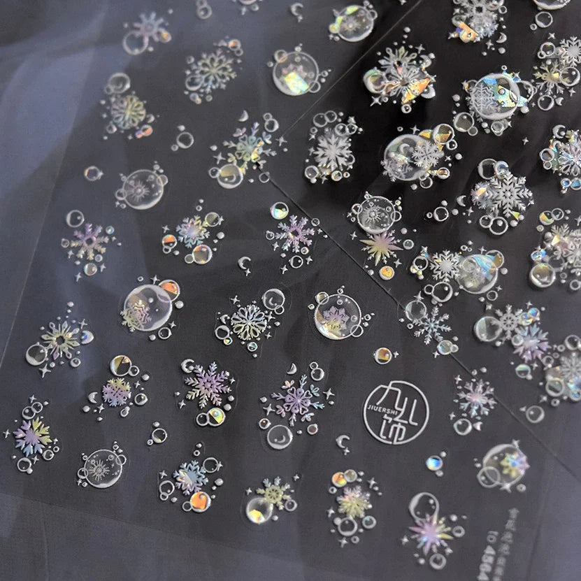 Shiny White Pink Blue Gold Snowflakes Hexagon Water Bubbles Winter 5D Self Adhesive Nail Art Stickers Rhinestone Manicure Decals (ONLINE ORDER ONLY)