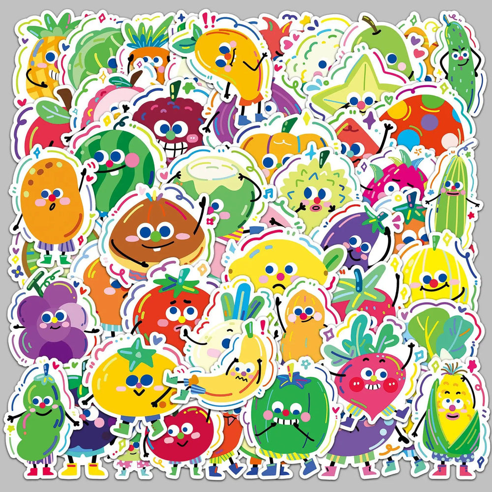 50pcs Cartoon Vegetable & Fruit Graffiti Stickers for Helmet, Desktop, Wall Decoration, DIY (Online Order Only)
