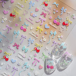Doodle Pink Blue Ribbon Bowknot Flower Cherry Strawberry Graffiti Love Heart Delicate Embossed Nail Art Sticker Manicure Decals (ONLINE ORDER ONLY)