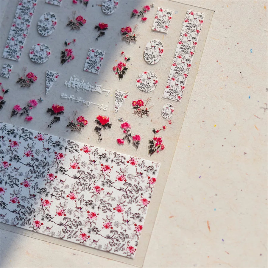 Red Azalea Rose Peony Crane Warbler Bird Fish Lily Chicken Rabbit Lobster Flower Retro Chinese Nail Art Sticker Decoration Decal (Online Order Only)