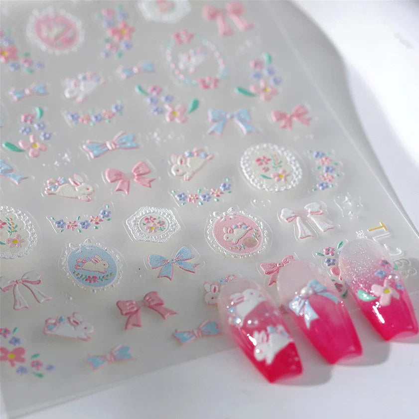 Pink Running Rabbit Bowknot Wreath Bunny Flower Tie Totem Pattern Self Adhesive Nail Art Sticker Pearl Rhinestone Manicure Decal (Online Order Only)