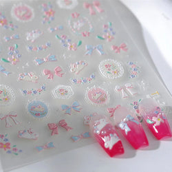 Pink Running Rabbit Bowknot Wreath Bunny Flower Tie Totem Pattern Self Adhesive Nail Art Sticker Pearl Rhinestone Manicure Decal (Online Order Only)