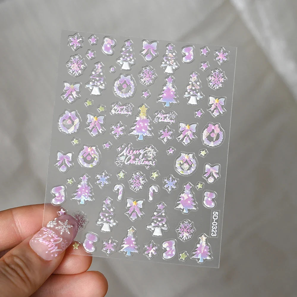 1pcs Pink Christmas Nail Stickers Shiny Shell Light Nail Art Parts Stickers Cute Snowflakes Star Wreath Nail Decorations Decals* (ONLINE ORDER ONLY)