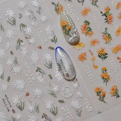 Antique Changle Flower Chrysanthemum Jade Pendant Feathers Green Leaf Adhesive Nail Art Stickers Flat Embossment Manicure Decals (Online Order Only)