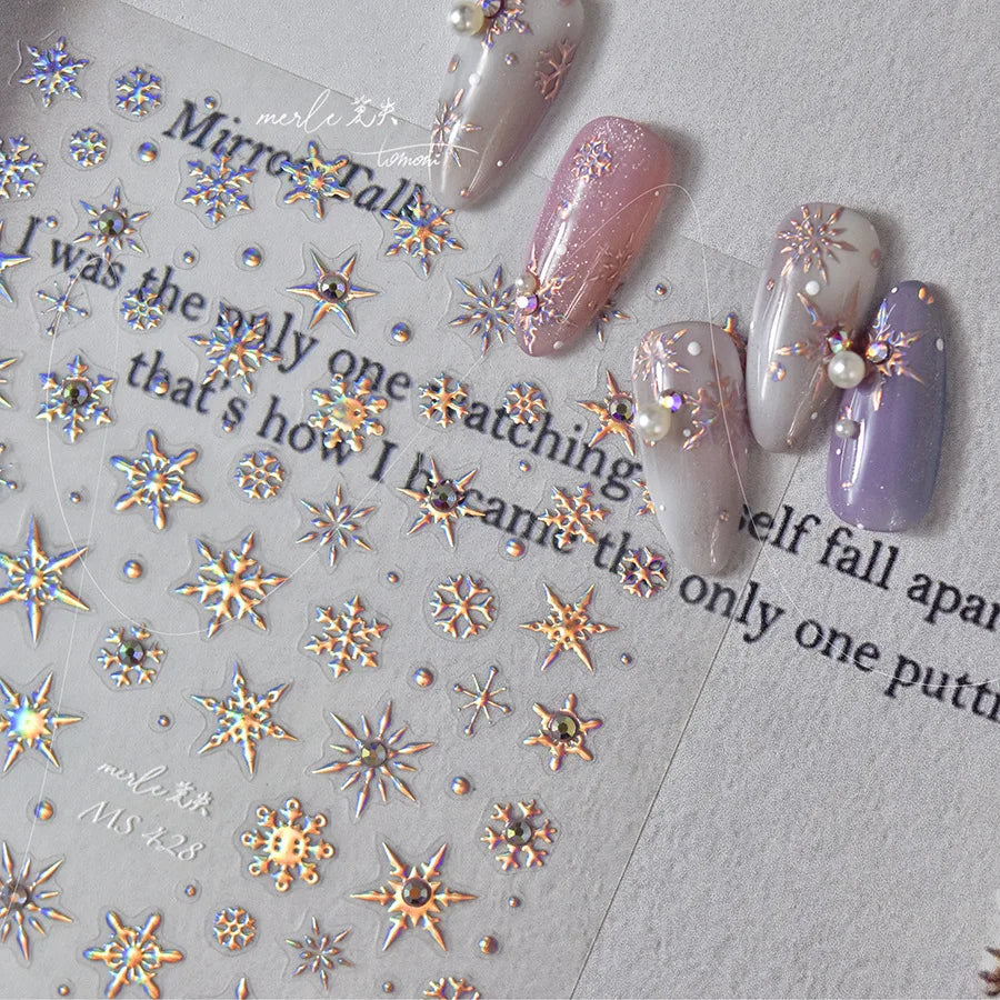 Winter Christmas Crystal Delicate Hexagon Romantic Laser Silver Chic Snowflakes Self Adhesive Nail Art Sticker 5D Manicure Decal (ONLINE ORDER ONLY)