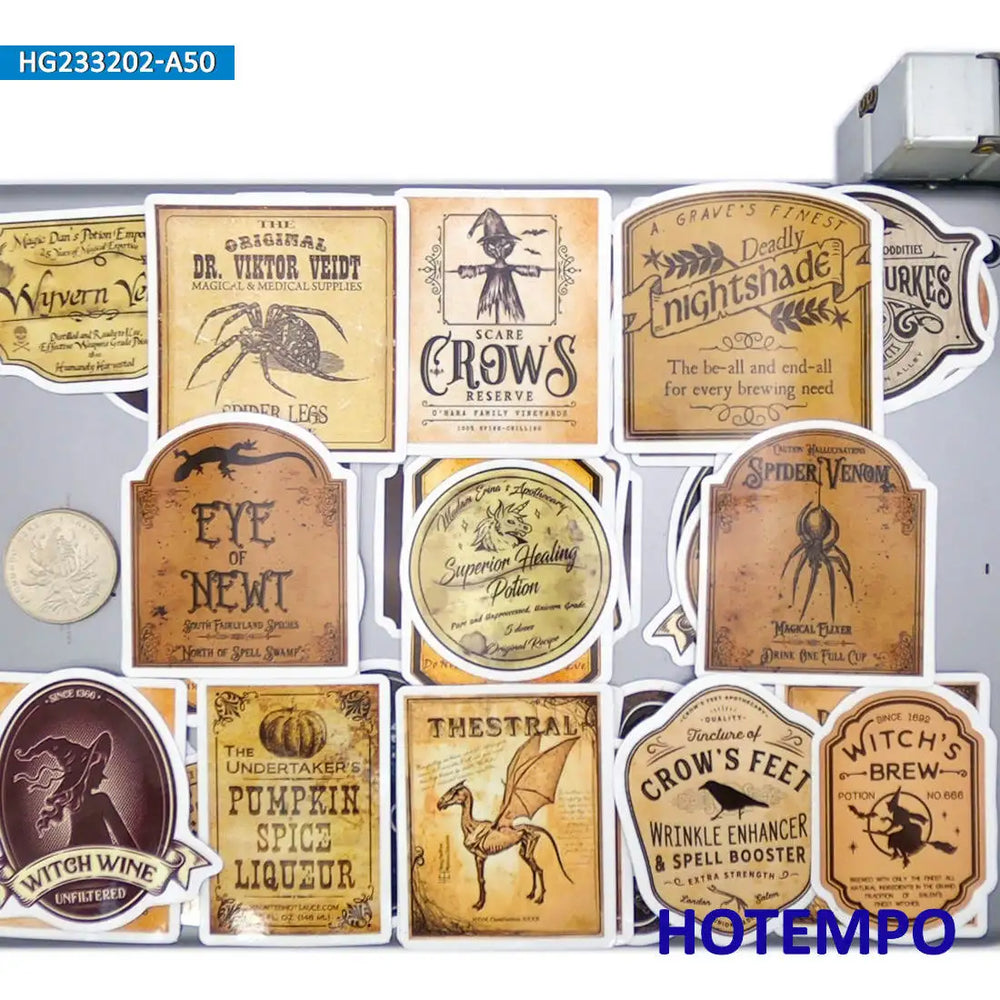 20/30/50Pieces Retro Alchemy Funny Halloween Magic Potion Label Stickers for Bottle Scrapbook Luggage Phone Laptop Sticker Toys (Online Order Only)