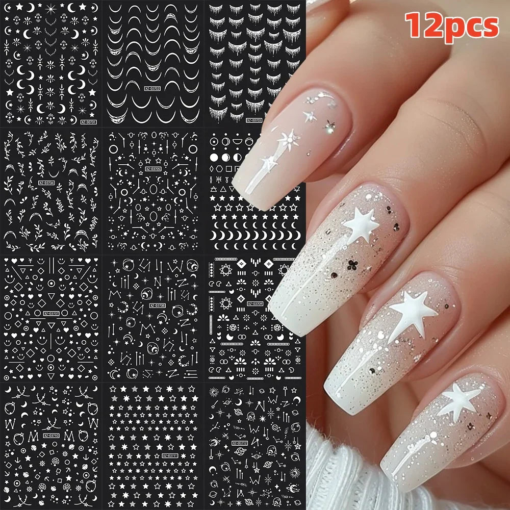 12PCS French Tassel Crescent Moon Arc Self Adhesive Nail Art Sticker 3D French Kiss Crescent Nail Stickers Lines Manicure Decals (ONLINE ORDER ONLY)