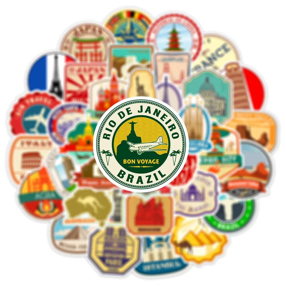 10/30/50pcs Retro Travel Landmark Building Stickers Vintage Decal Skateboard Luggage Laptop Phone Car Waterproof Sticker Kid Toy (ONLINE ORDER ONLY)
