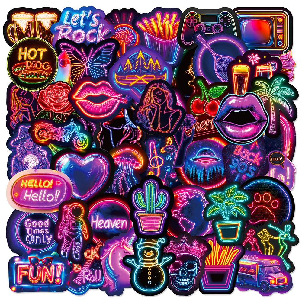 Cartoon Neon Light Graffiti Stickers Decals for Laptop Phone Luggage Guitar Fridge Waterproof Kids Toys (Online Order Only)