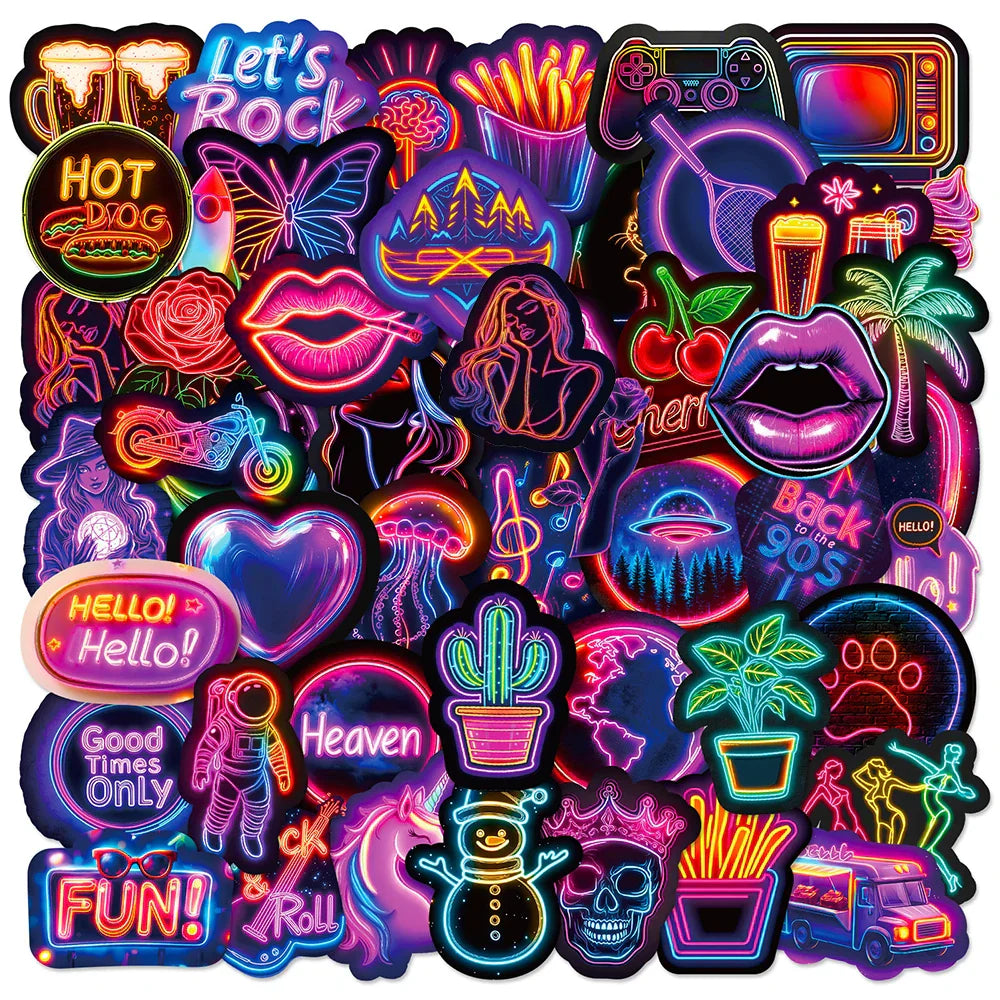 Cartoon Neon Light Graffiti Stickers Decals for Laptop Phone Luggage Guitar Fridge Waterproof Kids Toys (Online Order Only)