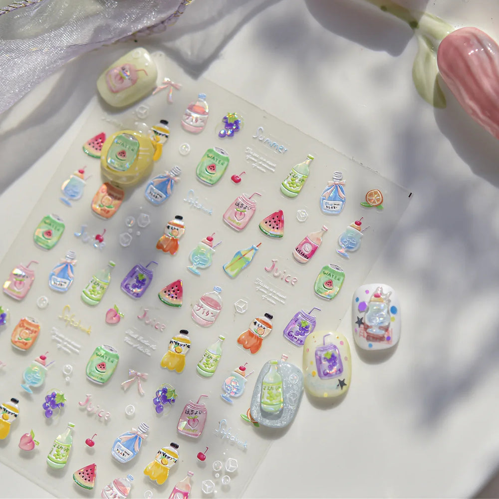 Soda Fruit Beverage Bottle Bear Watermelon Popsicle Dessert Ice Cream Cat Cherry Strawberry Bow Summer Nail Art Stickers Decals (ONLINE ORDER ONLY)