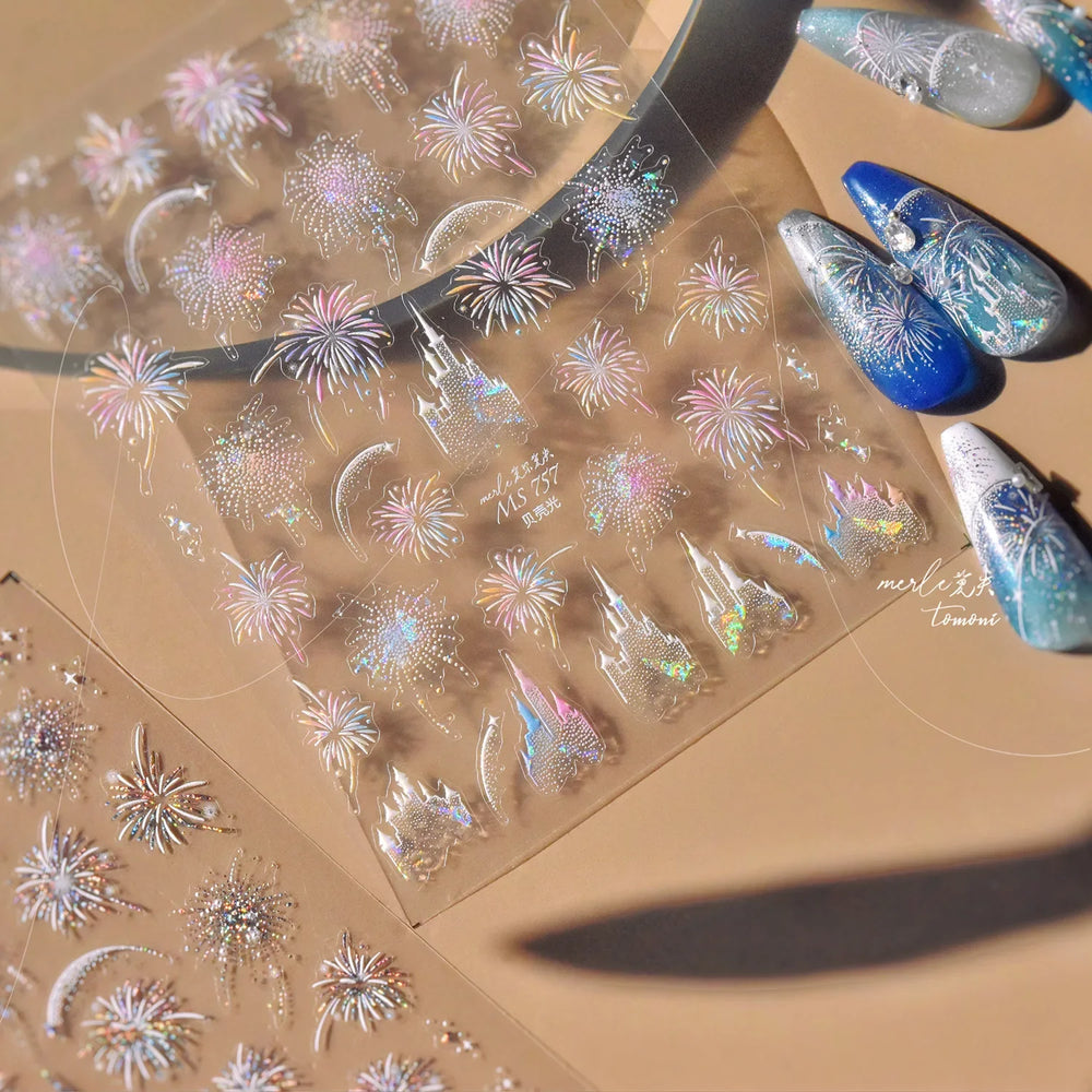 Colorful Fireworks Blooming Castle Romantic Brilliant Sky Self Adhesive Nail Art Stickers Star Shiny Rhinestone Manicure Decals (Online Order Only)