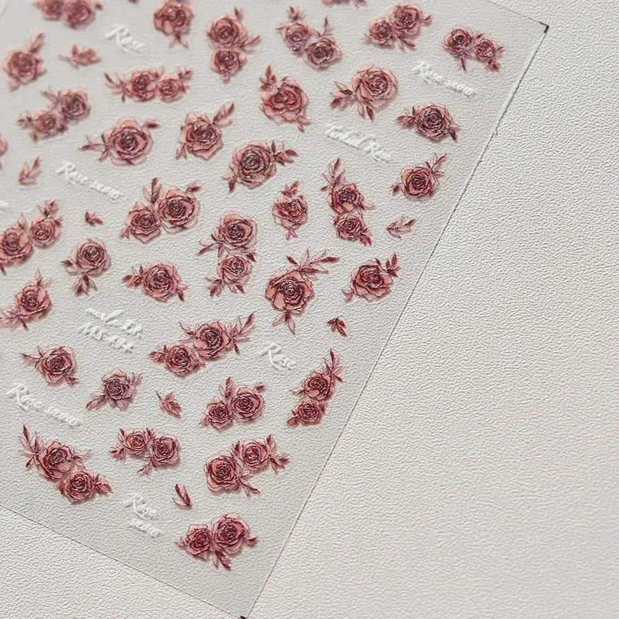 Gradient Halo Dyeing Dark Red Rose Flower Rhinestone Lace Bow Heart 3D Self Adhesive Nail Art Decoration Sticker Manicure Decals (ONLINE ORDER ONLY)
