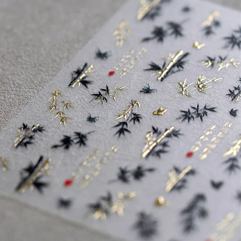 Antique Bamboo Leaf Hot Stamping Plant Botany Calligraphy Characters Self Adhesive Nail Art Stickers Rhinestone Manicure Decals (ONLINE ORDER ONLY)