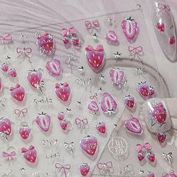 Pink Juicy Strawberry Fruit Cutting Line Ribbon Bowknot Star Happy Sweet Lovely Fruits Delicate Nail Art Stickers Manicure Decal (ONLINE ORDER ONLY)