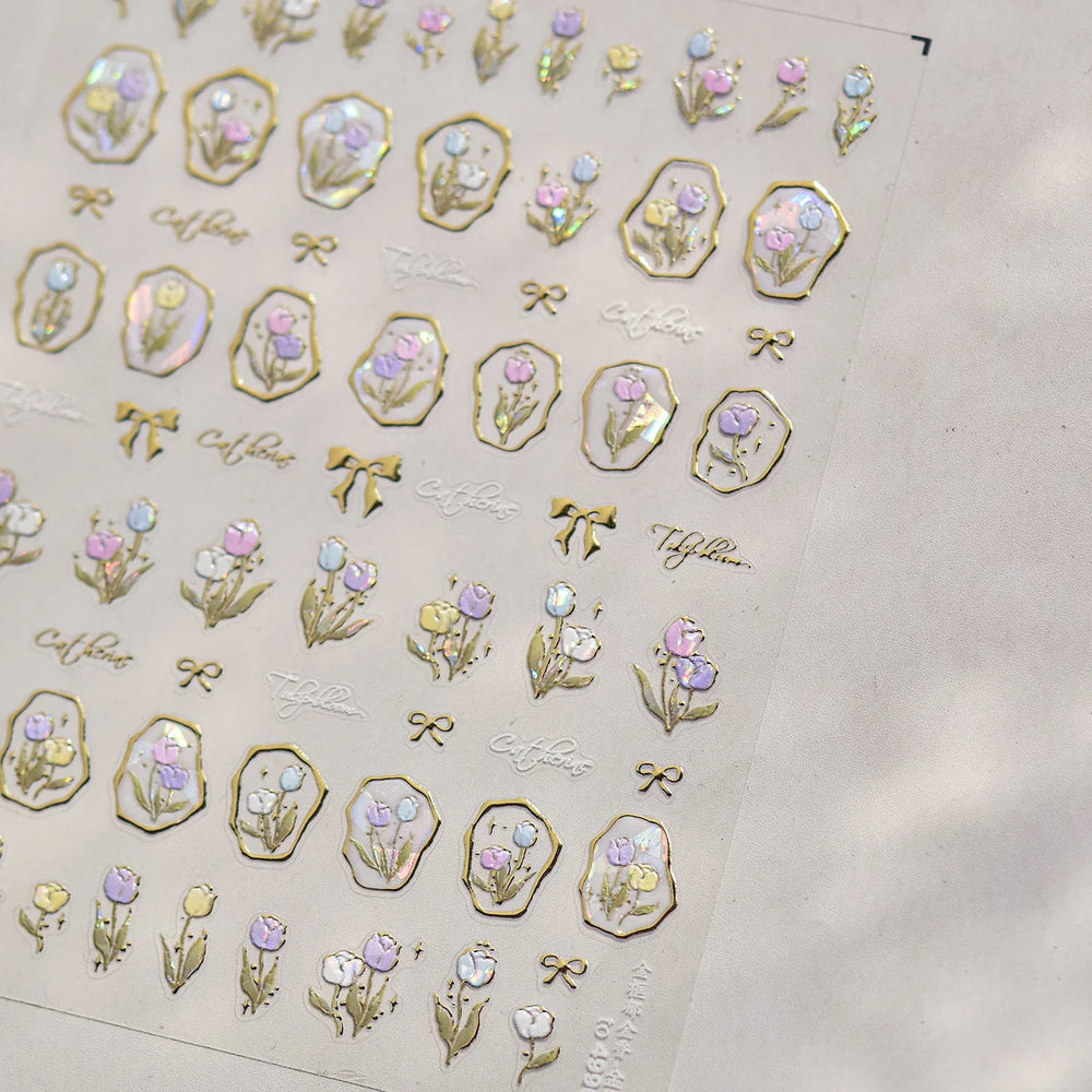 Golden Border Tulip Bloom Flower Bowknot Geometric Frame Metal Workmanship Charming Adhesive Nail Art Sticker Manicure Decals (ONLINE ORDER ONLY)