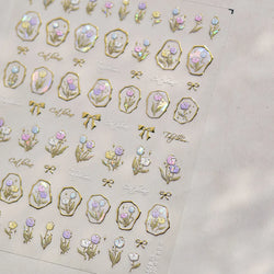 Golden Border Tulip Bloom Flower Bowknot Geometric Frame Metal Workmanship Charming Adhesive Nail Art Sticker Manicure Decals (ONLINE ORDER ONLY)