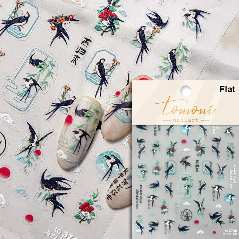 Swallow Bird Insect Animal Phoenix Peacock Dove 3D Self Adhesive Nail Art Stickers Chinese Ancient Poetry Manicure 5D DIY Decals (ONLINE ORDER ONLY)